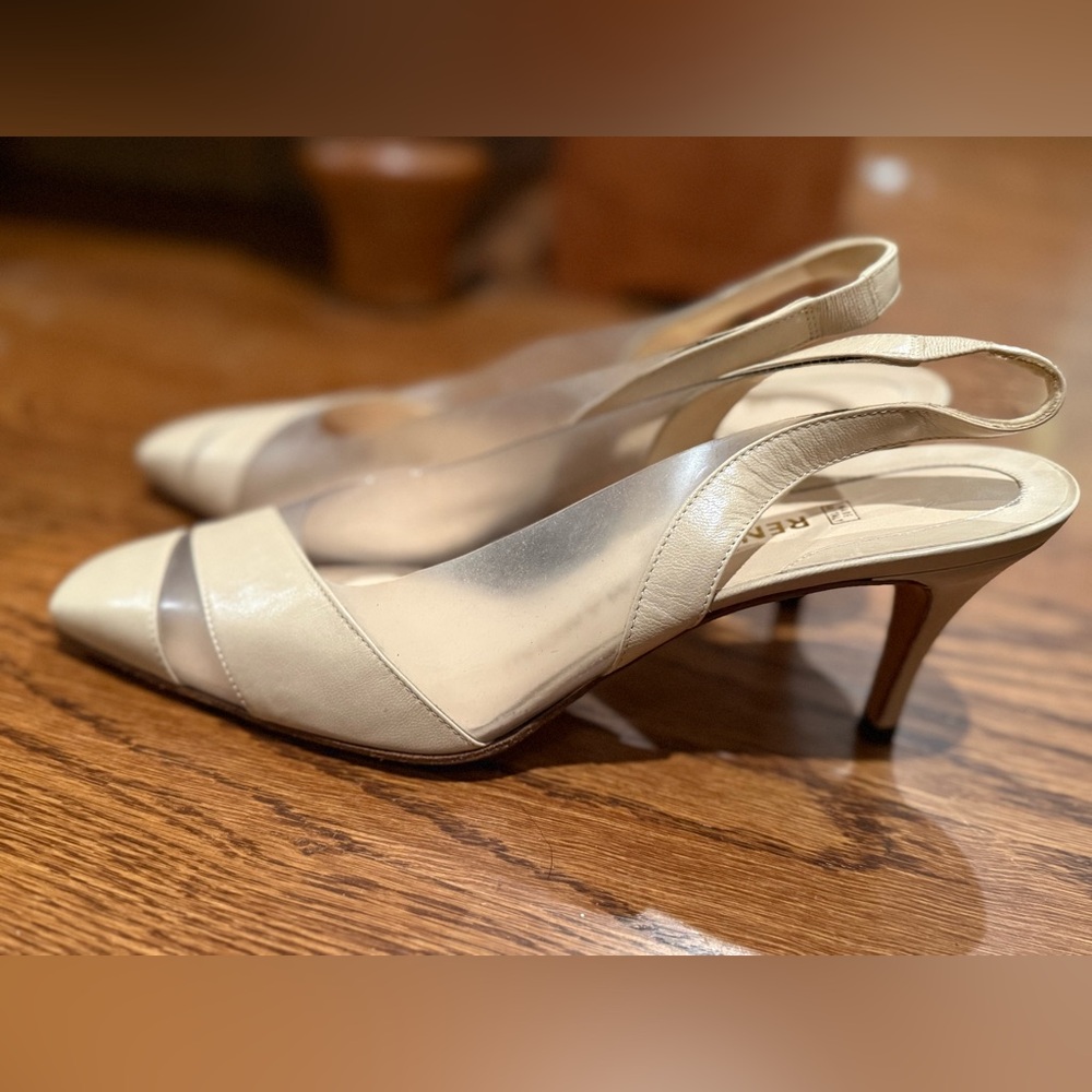Vintage Luxury Italy Made Rene Mancini Cream Leather Slingback Heels sz 38 /US 7 - Picture 3 of 8